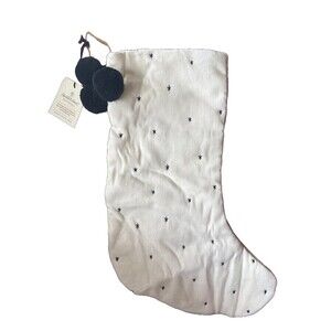 Hearth & Hand With Magnolia Target Xmas Stocking White Black Stars Pom Poms 20"